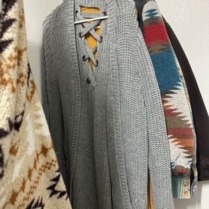 Gray Lace-Up Cardigan